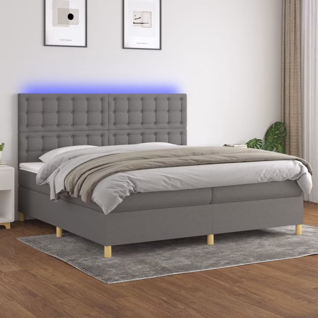The Living Store Letto a molle con materasso e LED in tessuto grigio scuro 200x200 cm