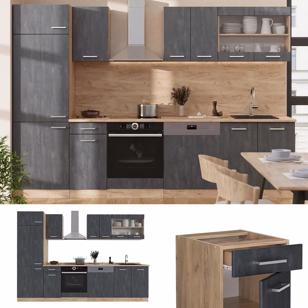 Cucina componibile moderna Vicco R-Line Calce nera e Rovere dorato con piano Antracite L: 300 cm – 2