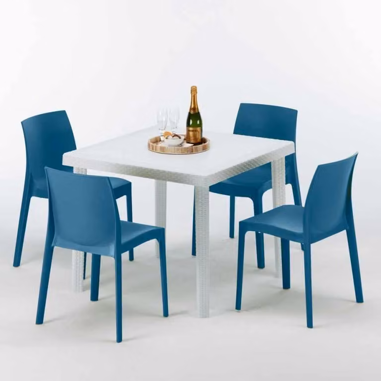 Tavolo quadrato bianco e 4 sedie in polipropilene colorato per esterni Grand Soleil Rome Love - Blu