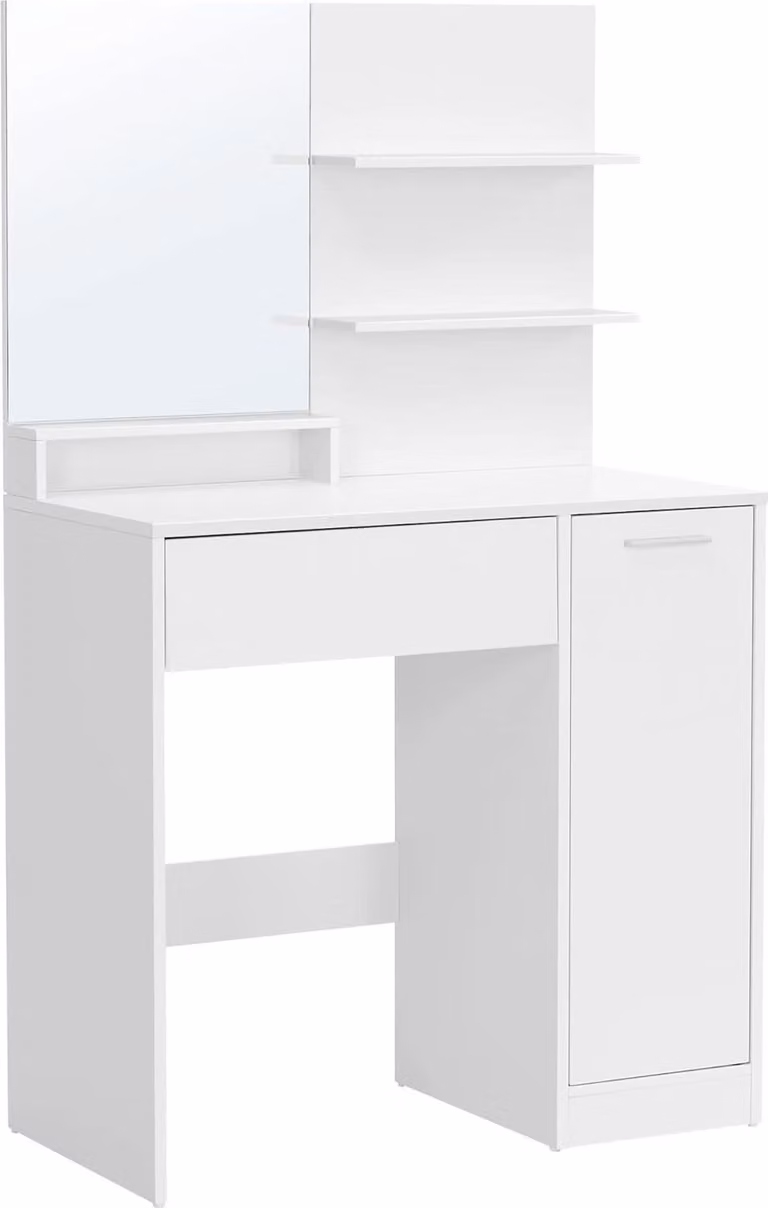 VASAGLE, toletta, toletta, toletta con specchio, 1 cassetto, 2 ripiani, mobile contenitore, organizer per il trucco bianco