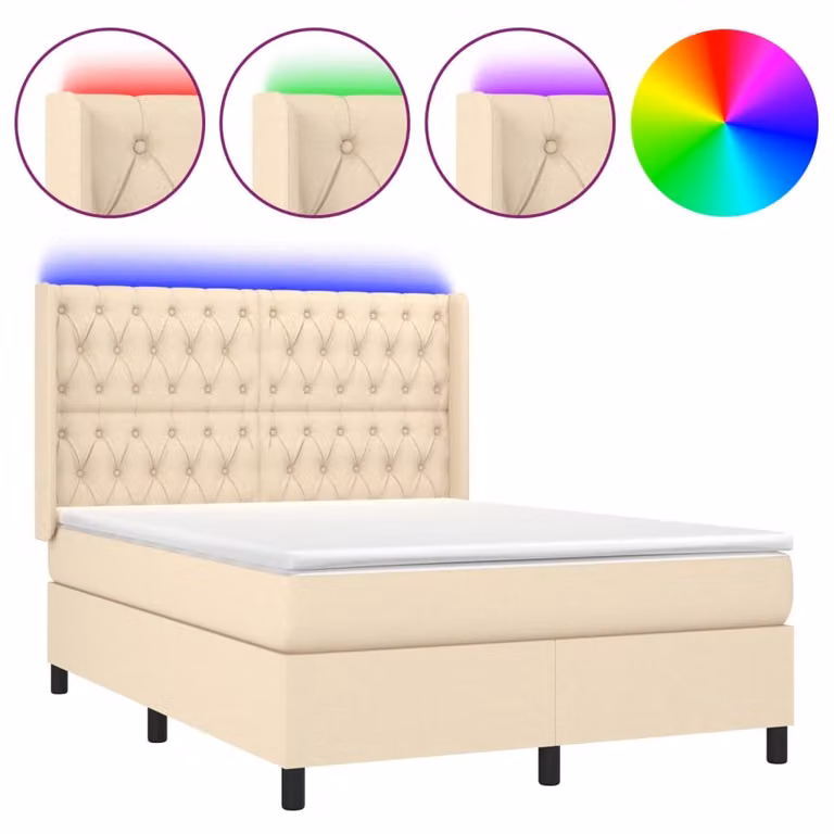 Letto a Molle con Materasso e LED Crema 140x200 cm in Tessuto