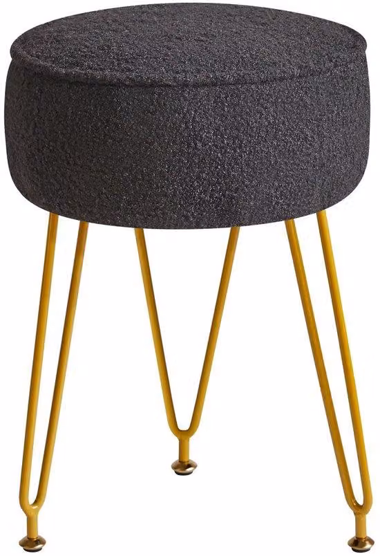 Pouf rotondo nero Ibbenzoa® (32 x 44 cm) in velluto teddy, con cuscino interno e gambe in metallo dorato, ideale per soggiorno e camera da letto