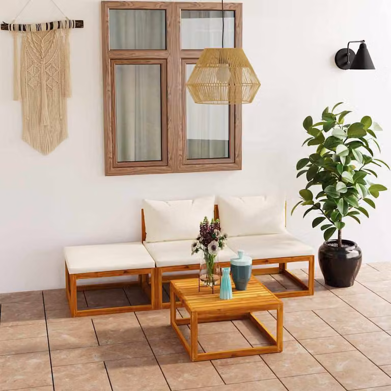 vidaXL Set Divani da Giardino 4 Pezzi in Legno di Acacia con Cuscini Beige e Tavolino da Esterno