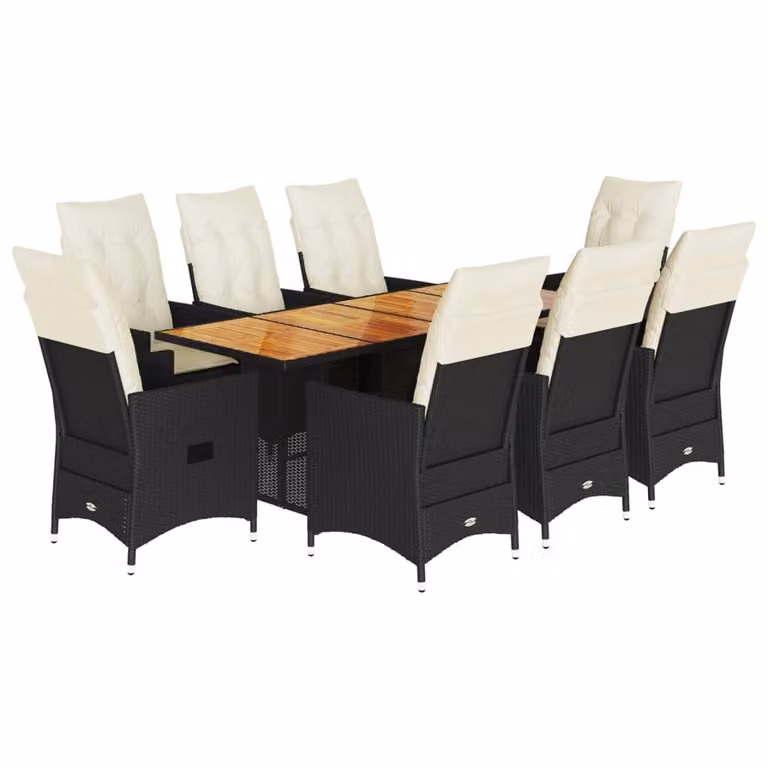 Set da Pranzo da Giardino 9 pz con Cuscini Nero in Polyrattan