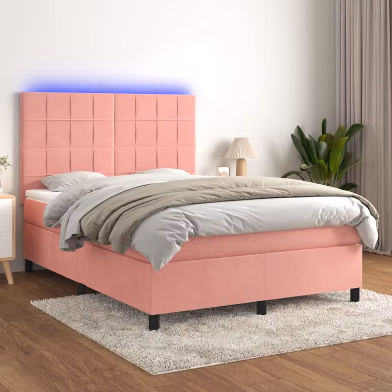 Letto a Molle con Materasso e LED vidaXL in Velluto Rosa, L/P/H: 193 x 144 x 128 cm