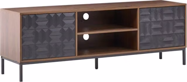 Mobile TV BELIANI marrone con motivo geometrico, 2 ante e 2 ripiani aperti, gambe in metallo, L: 160 cm, P: 40 cm, H: 54 cm – 1