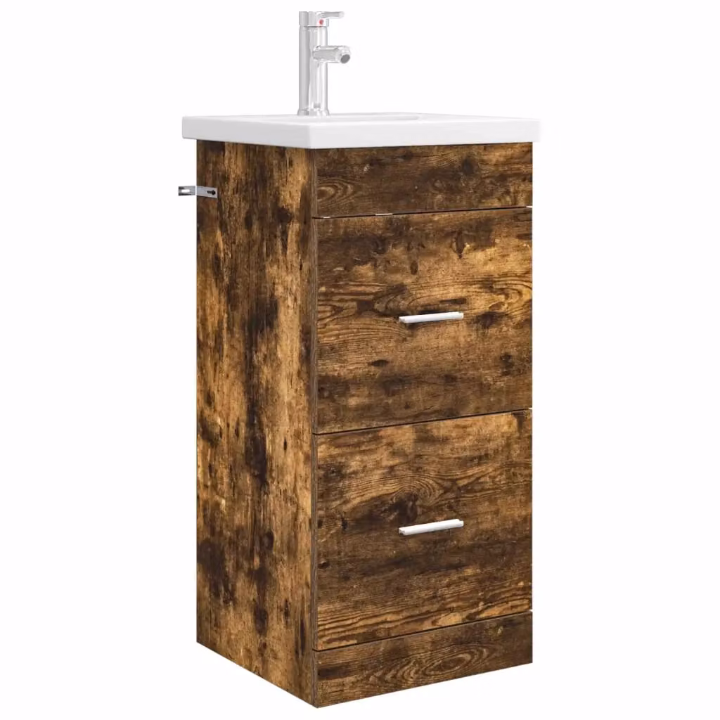 Mobile da bagno moderno vidaXL in legno e MDF con lavabo, colore Rovere Fumo e dettagli argento, L 42 cm x P 40 cm x H 84,5 cm – 2
