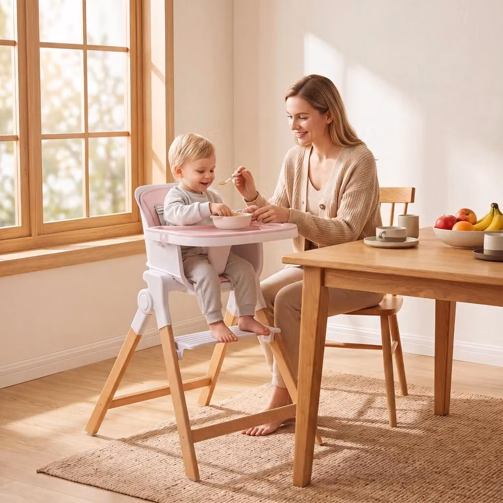 Seggiolone pappa pieghevole 4 in 1 con gambe in legno e cuscino, ideale per neonati da 6 a 36 mesi, con doppi vassoi rimovibili e portabicchieri, colore Rosa – 2