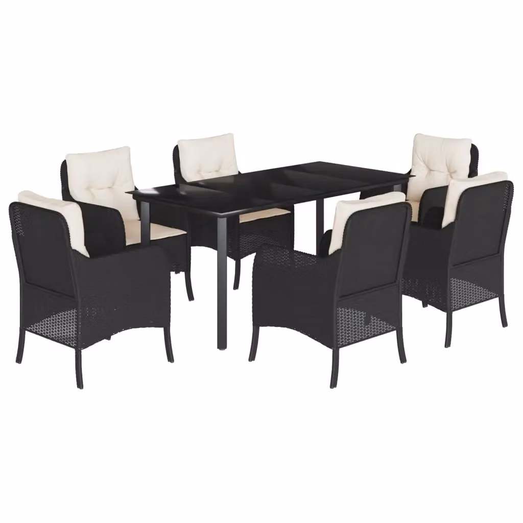 Set da Pranzo da Giardino vidaXL 7 pz in Polyrattan Nero con Piano in Vetro e Cuscini – 2