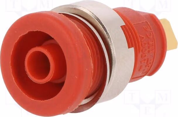 1 connettore femmina 1kVDC, a vite, rosso, 25A, con morsetti a banana da 4mm, per montaggio su pannello da 32mm, modello SEB 2610, vite F4.8, connettore a banana