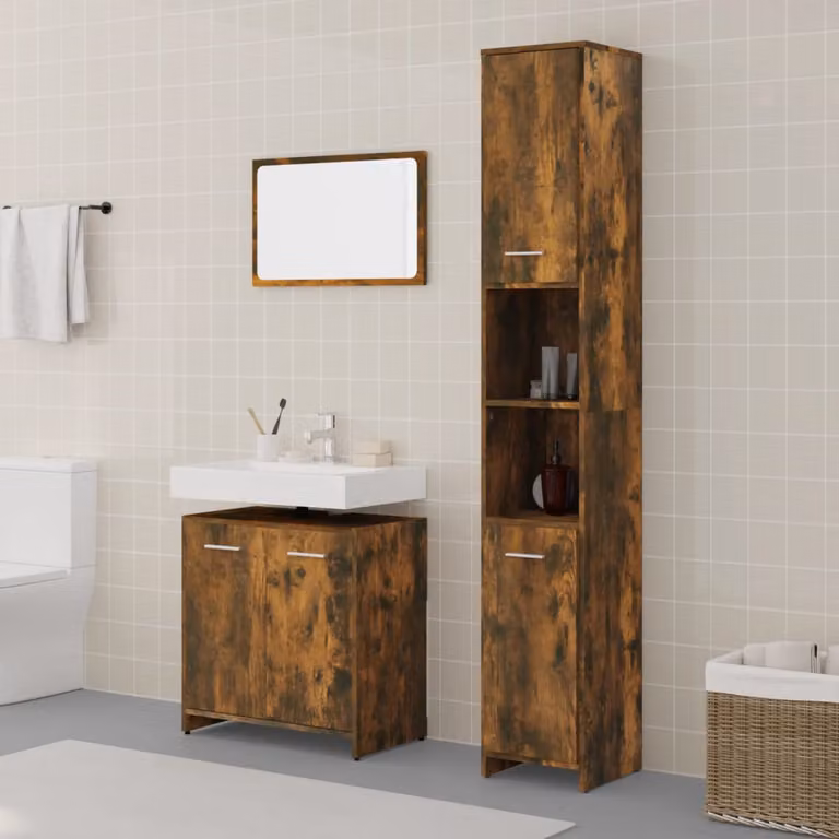 Set di mobili da bagno moderno vidaXL in 3 pezzi color rovere fumo con armadietto specchiato, colonna alta e mobile sottolavabo
