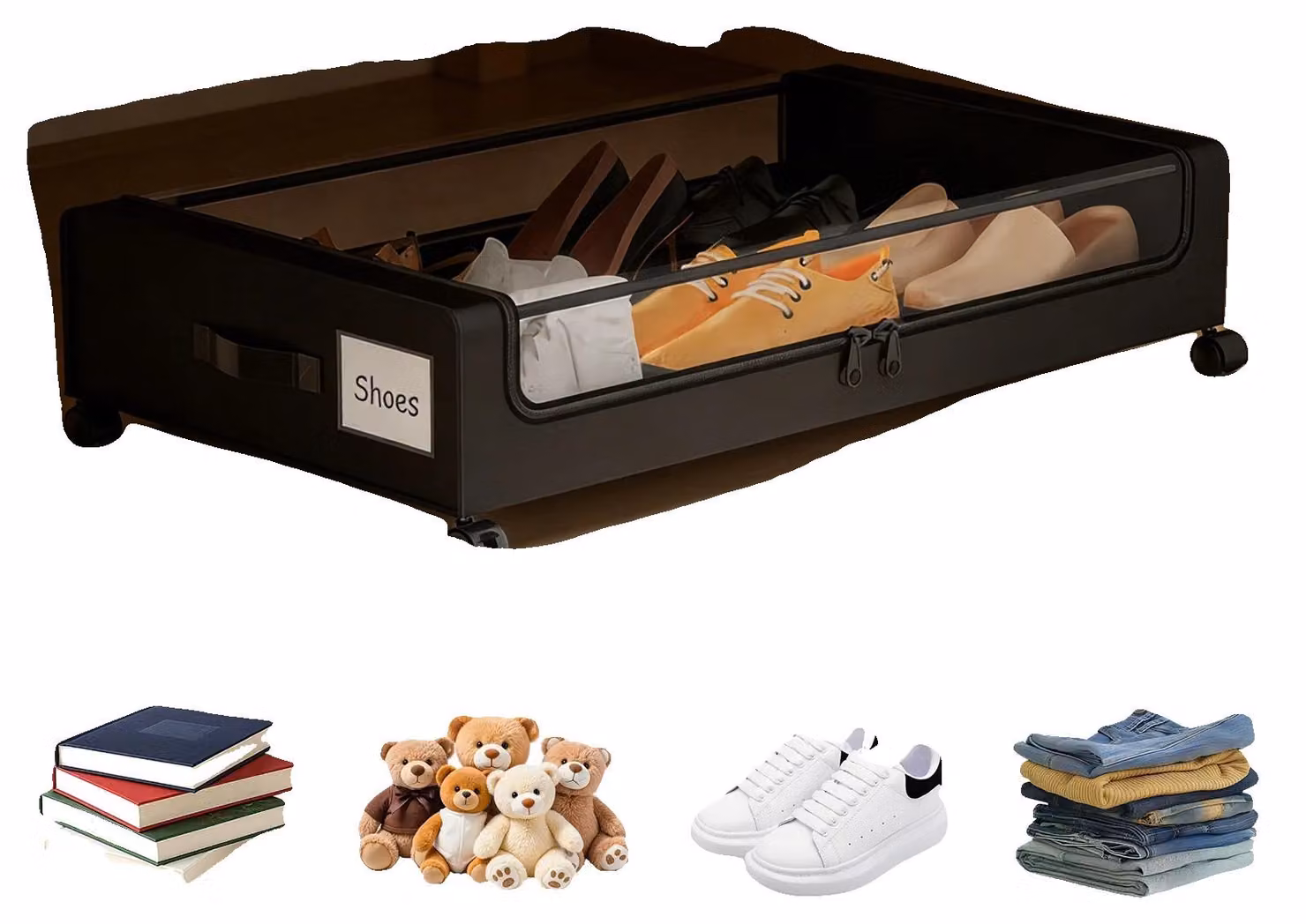Contenitore per riporre oggetti da mettere sotto il letto, realizzato in tessuto non tessuto, dimensioni 76 cm di lunghezza x 51 cm di larghezza x 25 cm di altezza. Adatto alla maggior parte dei letti standard, con una capacità di carico fino a 23 kg. Set