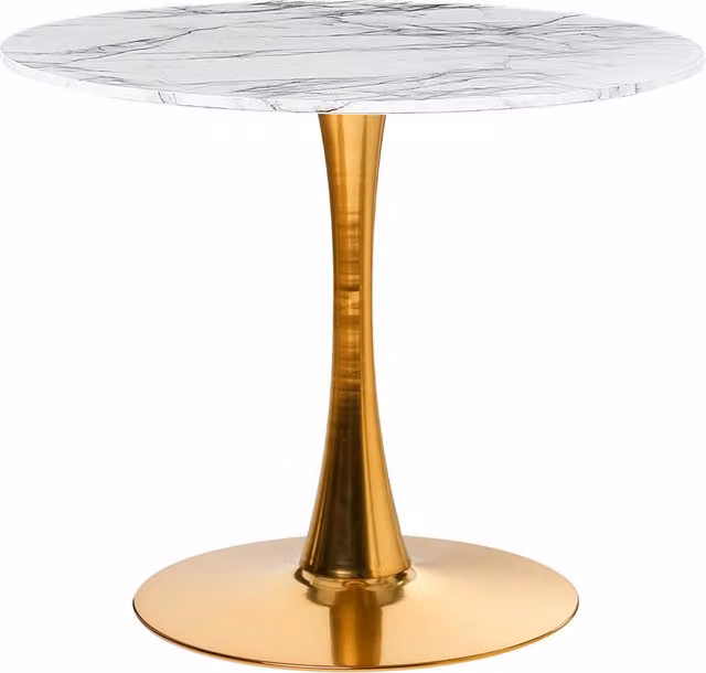 Tavolo da pranzo rotondo BELIANI con piano in MDF bianco e dettagli dorati e base in metallo, Diametro: 90 cm, Altezza: 74 cm