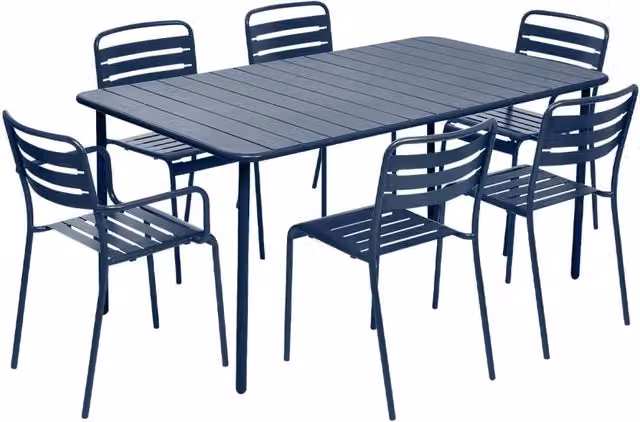 Set tavolo da giardino in acciaio con 2 poltrone e 4 sedie, blu navy