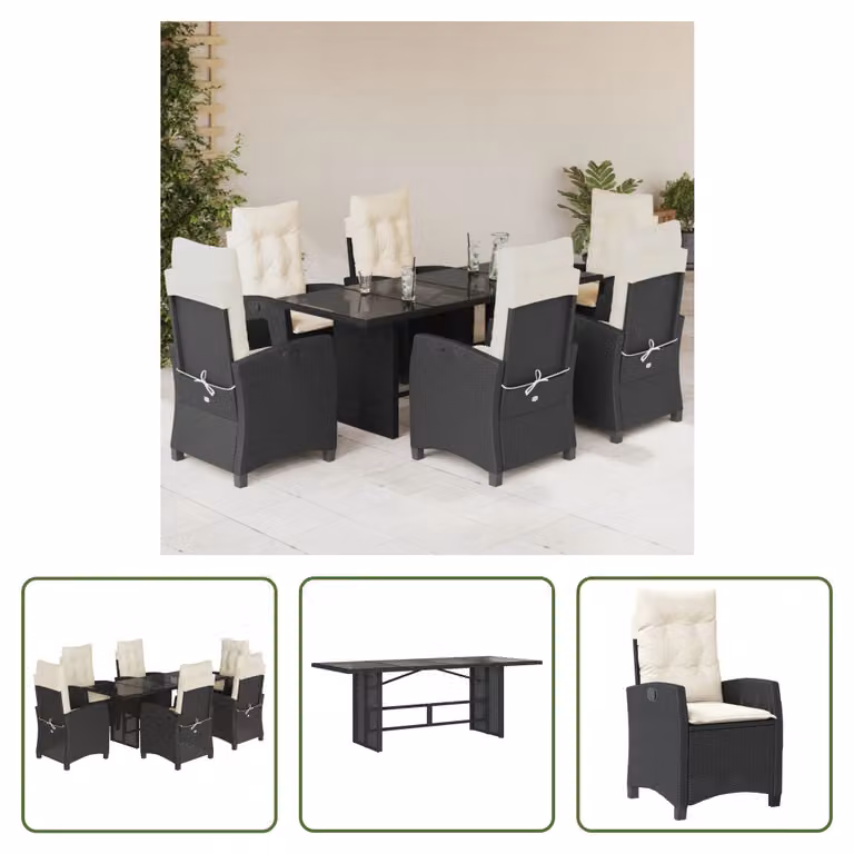 The Living Store Set da pranzo da giardino 7 pezzi con cuscini in polirattan nero