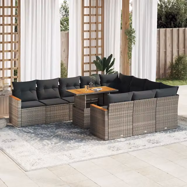 Set di divani da giardino vidaXL a forma di L composto da 11 pezzi con cuscini e tavolino, in polyrattan e legno di acacia color grigio