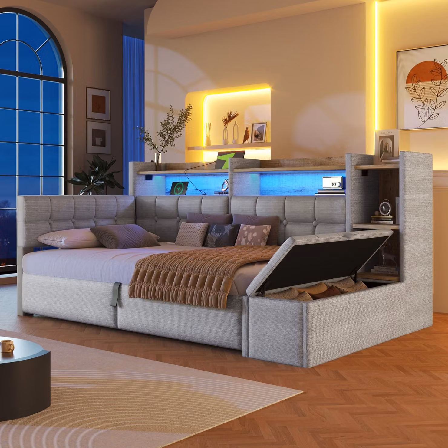 Divano letto trasformabile in letto singolo 90x200 cm con meccanismo a pistoni, letto imbottito singolo con funzione contenitore e rivestimento in ecopelle, letto per ragazzi in velluto con ripiani, colore grigio