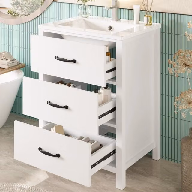 Mobile sottolavabo OKWISH per bagno con lavabo in ceramica, bianco, L: 61 cm, P: 47 cm, H: 83 cm