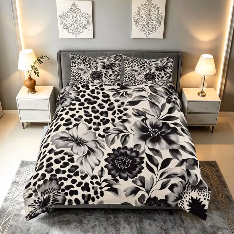 Omgoods - Set di lenzuola con copripiumino a tre pezzi, motivo leopardo, per letto super king size