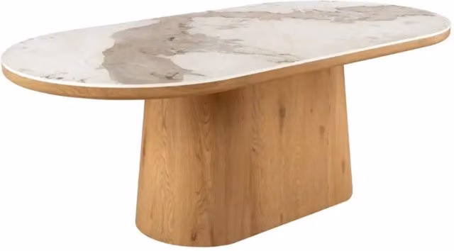 Tavolo da pranzo LUMEA – Ovale 200 cm – Effetto marmo bianco – Piede largo – Stile contemporaneo