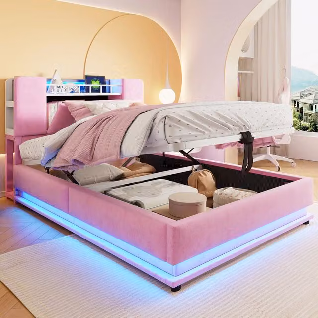 Letto imbottito per bambini 90x200 cm con LED e USB; contenitore idraulico; velluto rosa