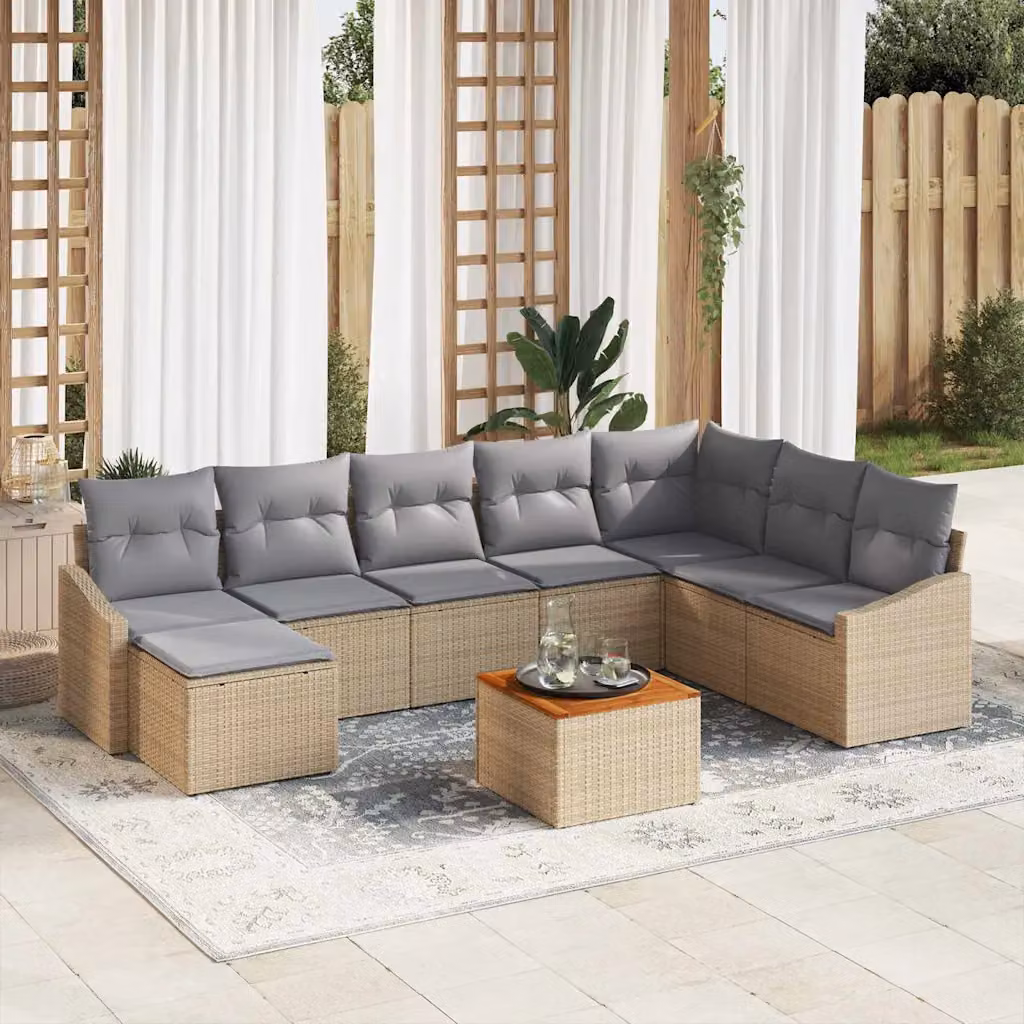 Set Divano da Giardino vidaXL 9 Pezzi in Polyrattan Beige con Cuscini e Tavolino – 1