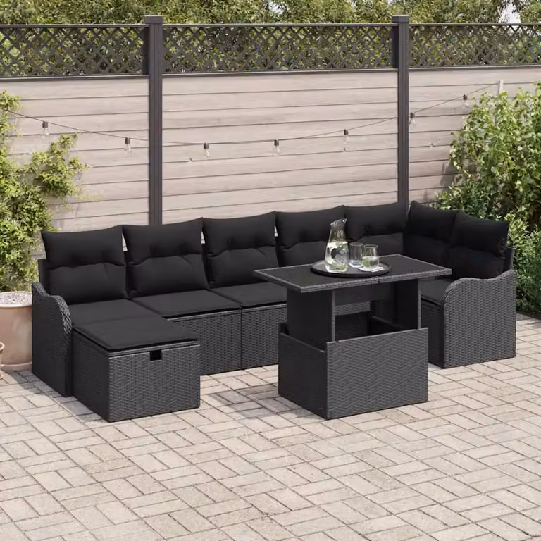Set Divano da Giardino vidaXL in Polyrattan Nero con Cuscini e Tavolino in Vetro, 8 Pezzi