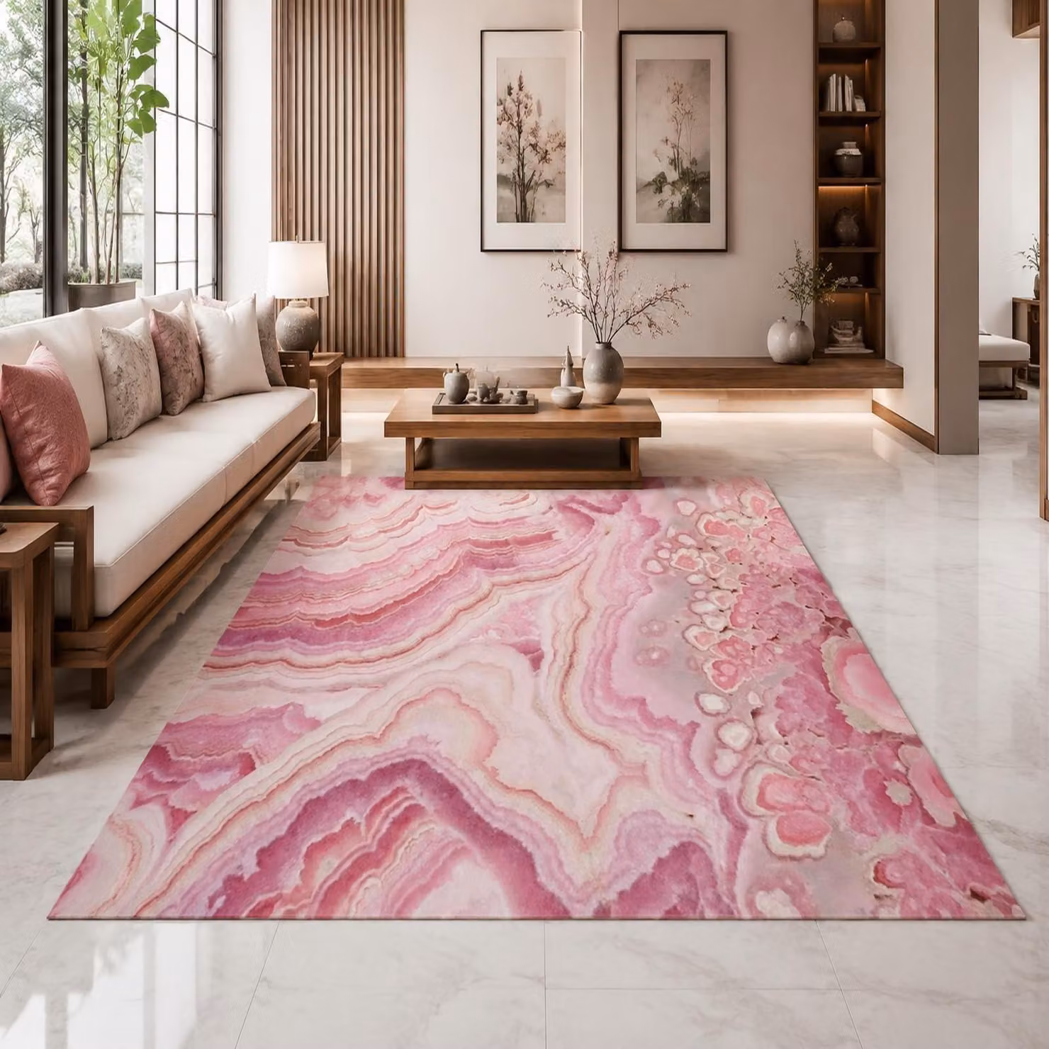 Tappeto astratto, color rosa e bianco, dimensioni 200 x 230 cm