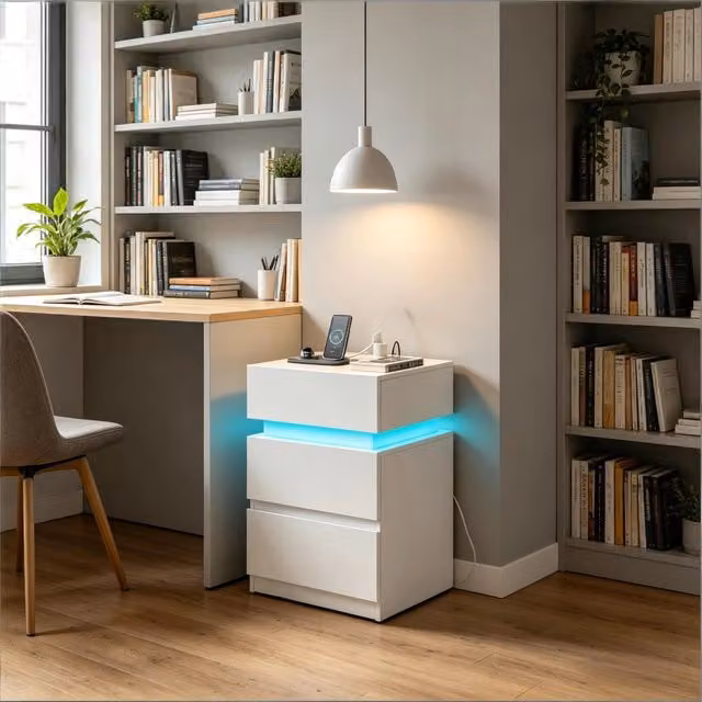 Set di 2 tavolini da notte WISHDOR bianchi con luce LED integrata, 2 prese, 2 USB e 2 cassetti, stile moderno – 1