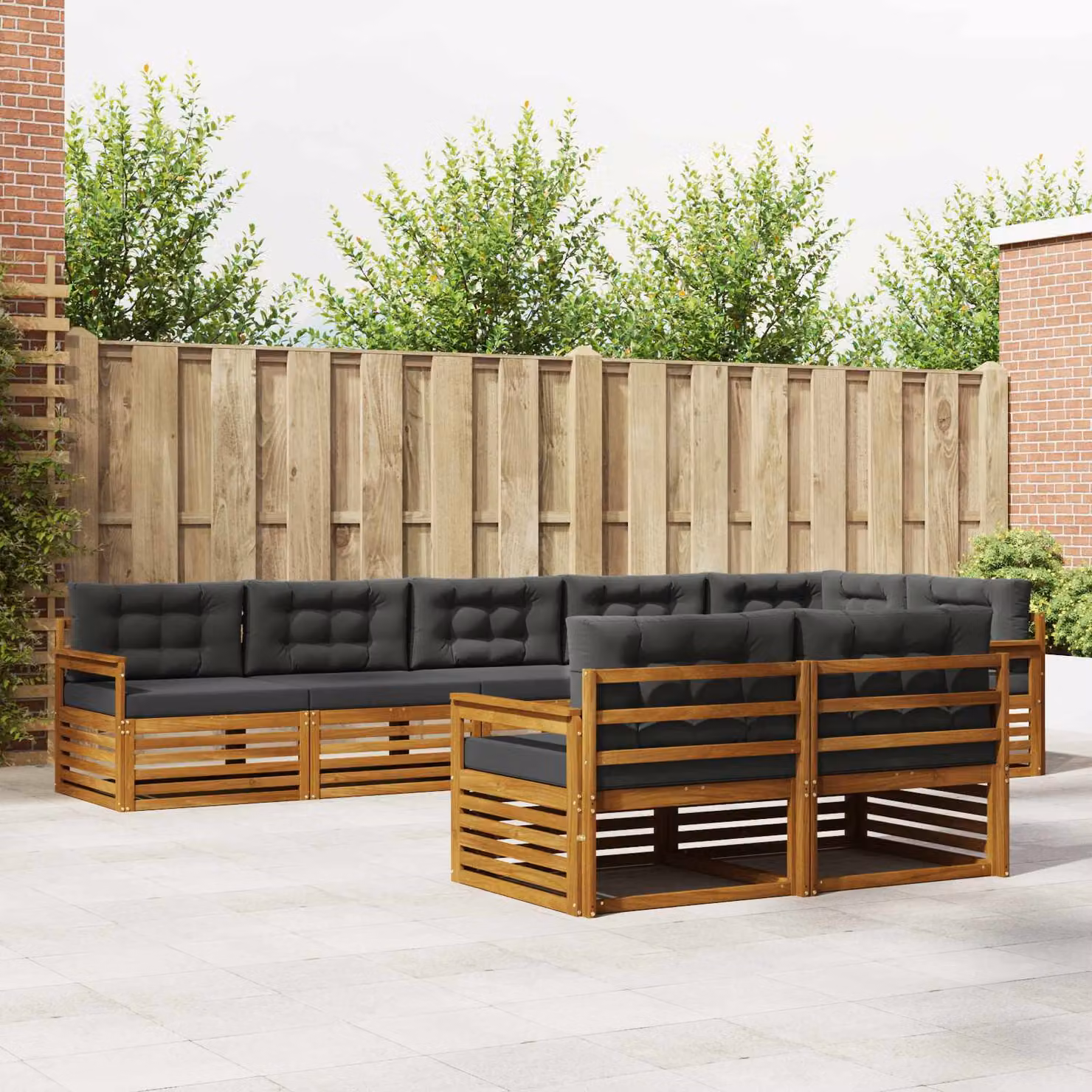 vidaXL Set di divani da esterno a L in legno di acacia con 8 pezzi, colore Antracite e Marrone