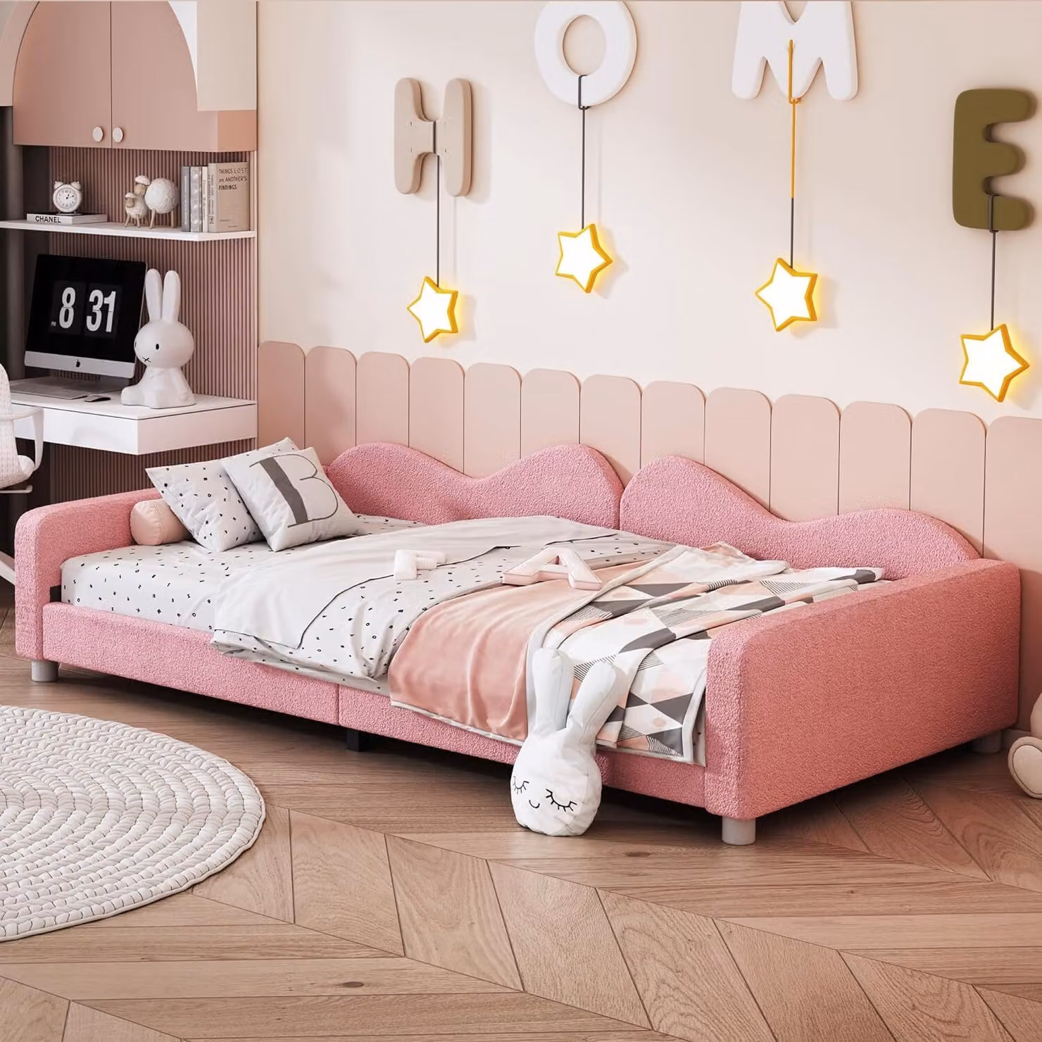 Fortuna Lai letto imbottito 90*200cm, divano letto, struttura letto in morbido tessuto orsetto con schienale e braccioli il letto ideale per bambini e ospiti, rosa