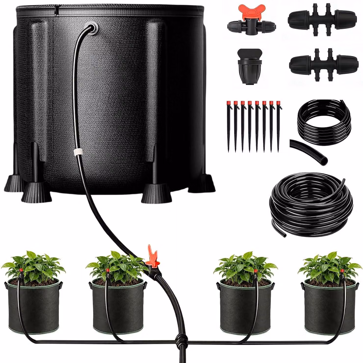 Altro equipaggiamento: sistema di irrigazione automatico, kit di irrigazione a goccia con pompa dell'acqua da 15 watt e secchio da 50 litri, 4 sacche per piante in tessuto di pile