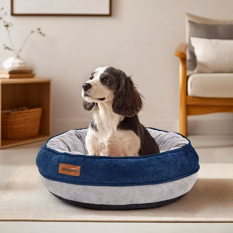 Cuccia per cani a forma di ciambella, diametro 51 cm, ortopedica, lavabile, rotonda, colore blu navy, dimensioni 51x51x15 cm
