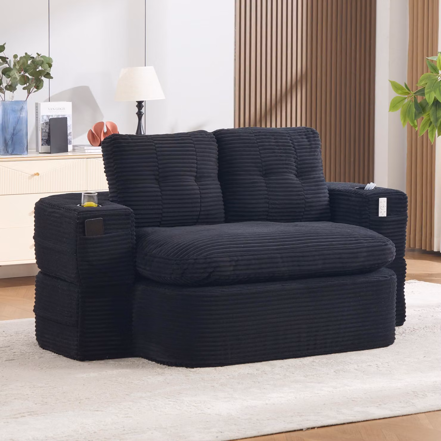 DIVANO MODULARE RELAXSOFA MODFU, rivestito in tessuto cordato, trasformabile in un divano lounge 2-in-1 con funzione relax, dotato di due portabicchieri e seduta particolarmente profonda, colore nero
