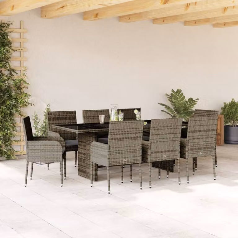 vidaXL Set da Pranzo da Giardino 9 pz in Polyrattan Grigio con Piano in Vetro