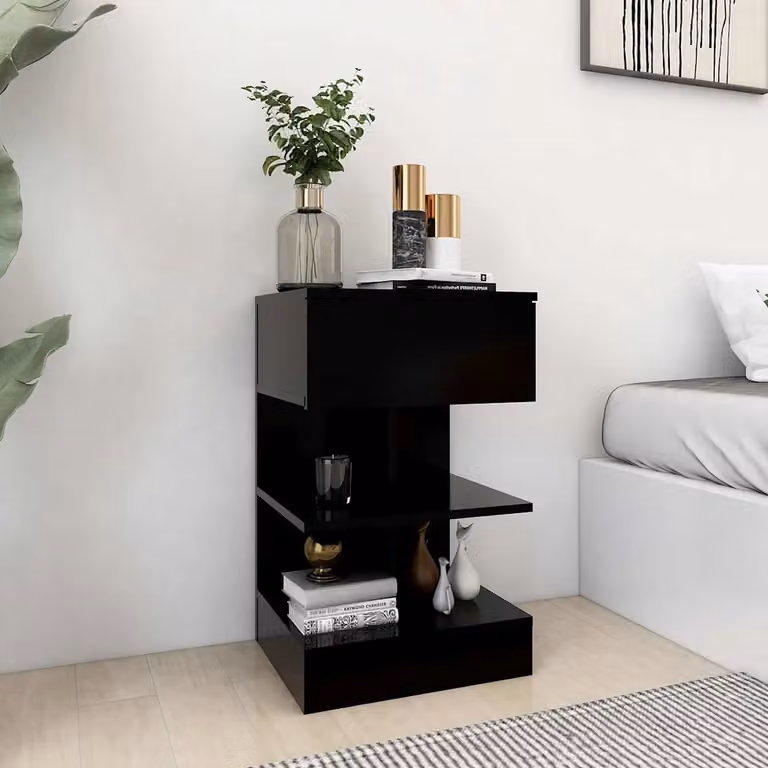 Comodino moderno vidaXL nero in legno lucido da appendere a parete L: 40 cm, P: 35 cm, H: 65 cm