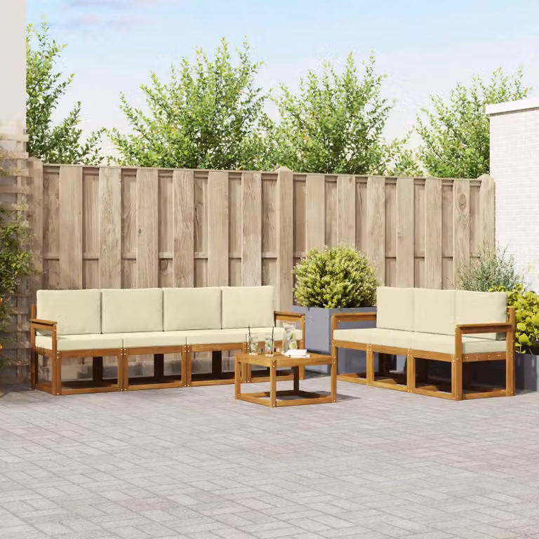 Set di divani da esterno vidaXL 8 pz in legno di acacia con cuscini beige e bianco per giardino e terrazza