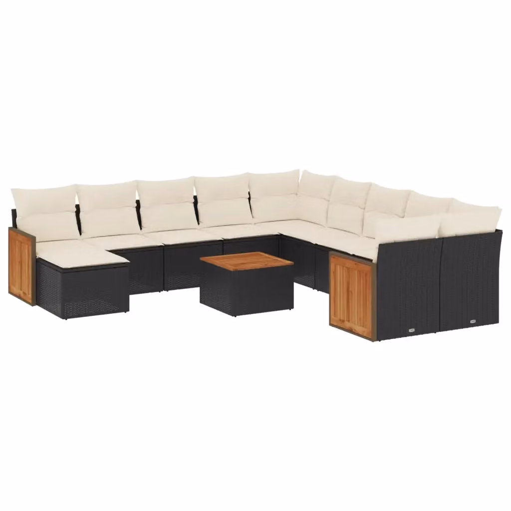 vidaXL Set Divani da Giardino 12 pz a forma a U con Cuscini, Tavolino e Ottoman, Colore Nero e Bianco, in Polyrattan e Legno di Acacia – 2
