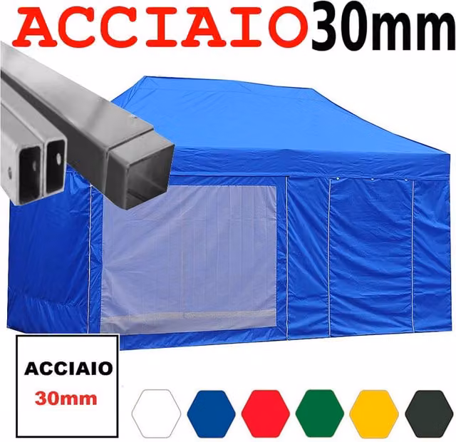 Gazebo 3x6 m blu pieghevole portatile estendibile richiudibile estensibile acciaio con laterali per fiere eventi stand chiosco tenda tendone mercato mercatino