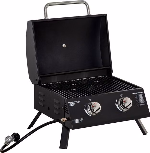 Barbecue a gas pieghevole da tavolo Outsunny con coperchio e termometro in acciaio, Nero, L 55 cm x P 46.5 cm x H 41 cm