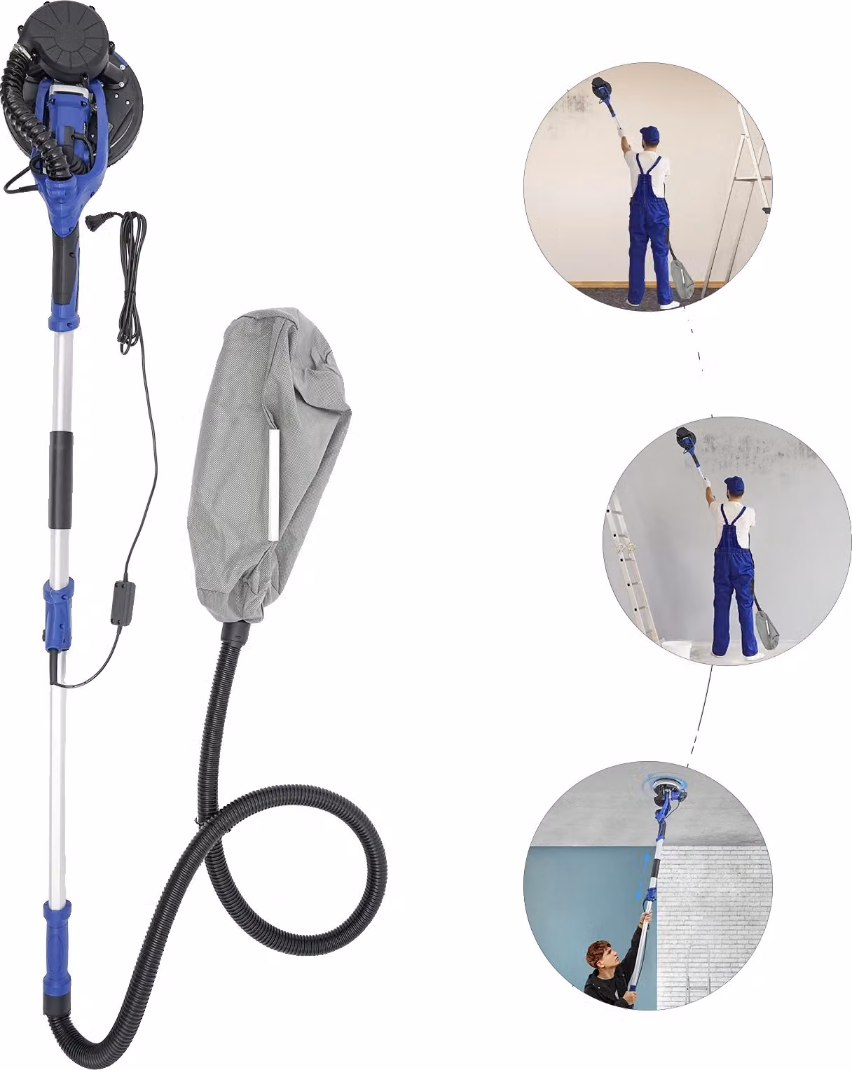 Levigatrice elettrica per cartongesso, motore in rame puro da 1250 W, lunghezza regolabile 1,2-2,2 m, blu