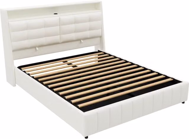 Letto piattaforma imbottito 160x200 cm con LED e USB, contenitore sottostante, schienale regolabile, bianco