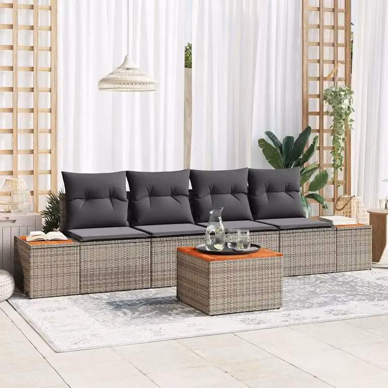 Set Divano da Giardino vidaXL 5 Pezzi in Rattan Grigio con Cuscini e Tavolino
