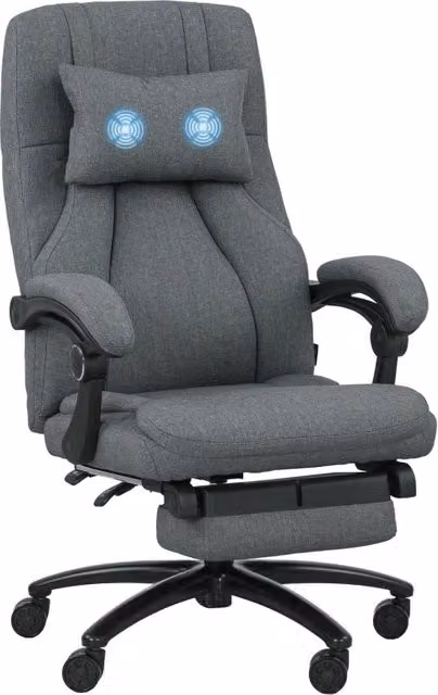 Sedia da ufficio ergonomica con massaggio USB, schienale reclinabile e poggiapiedi in poliestere grigio scuro