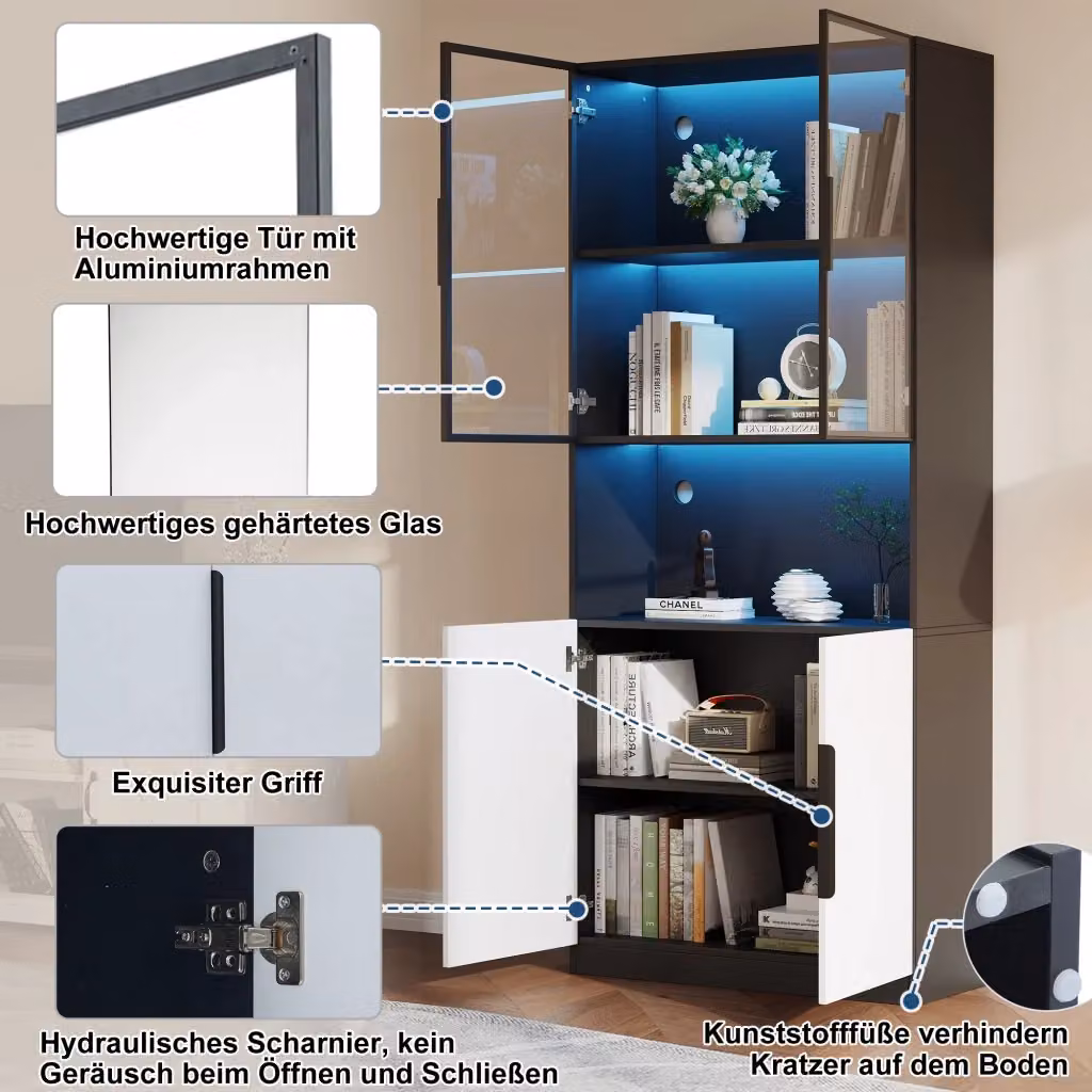 Vetrina REDOM con LED e ante in vetro, Bianco/Nero, L: 80 cm, P: 30 cm, H: 200 cm – 2