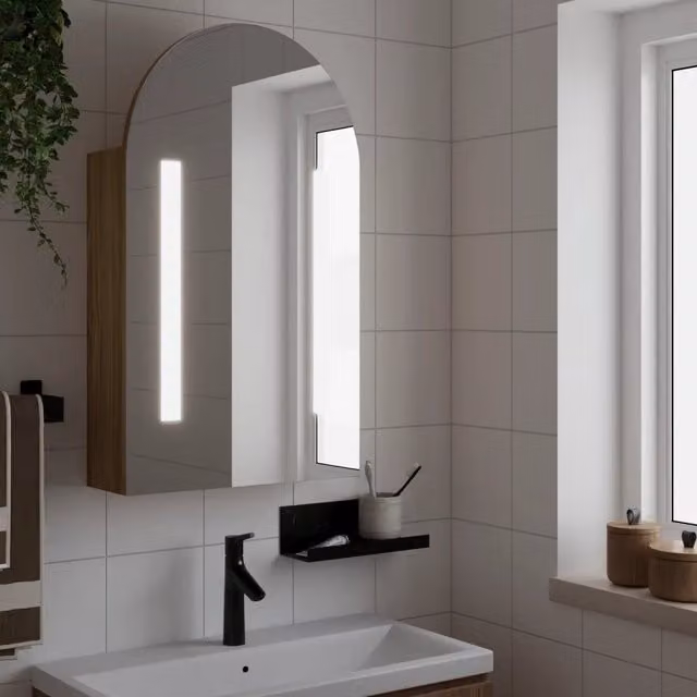 Armadietto da bagno con specchio e illuminazione LED vidaXL in rovere marrone, L: 42 cm, P: 13 cm, H: 70 cm