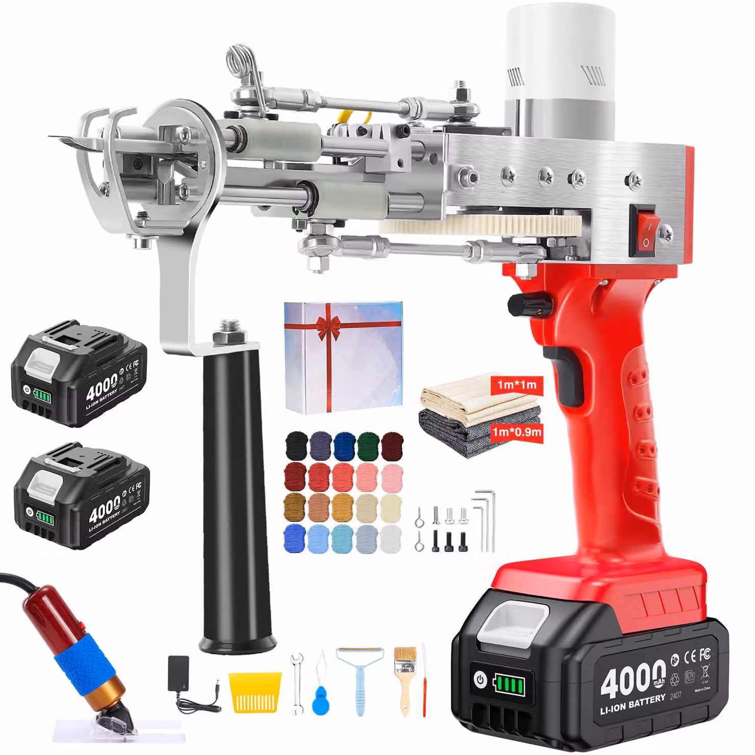 Kit di avviamento per la macchina per realizzare tappeti a pelo, completo di trimmer, 2 batterie da 4,0 Ah e un pezzo di tessuto di dimensioni 1x1 metro