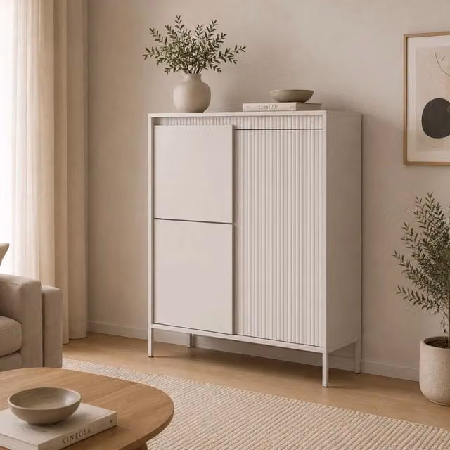 Madia Hatolaro DMORA, Credenza Moderna con 5 Ripiani e Ante a Battente, Beige, L: 104 cm, P: 40 cm, H: 123 cm