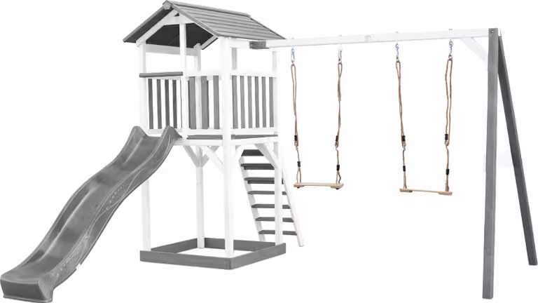 AXI Beach Tower parco giochi in legno in grigio e bianco | Torre di gioco per bambini con sabbiera, doppia altalena e scivolo grigio | Casa per bambini su palafitte per il giardino