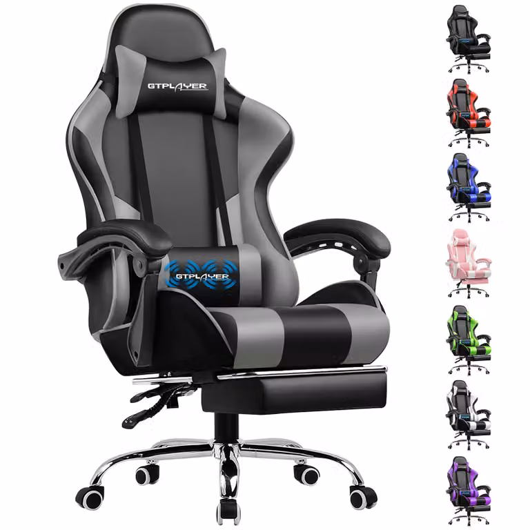 GTPLAYER Sedia da gioco con poggiapiedi e cuscino lombare massaggiante Sedia da ufficio Sedia da gioco Sedia da gioco ergonomica con braccioli di collegamento, caricabile fino a 150 kg grigio